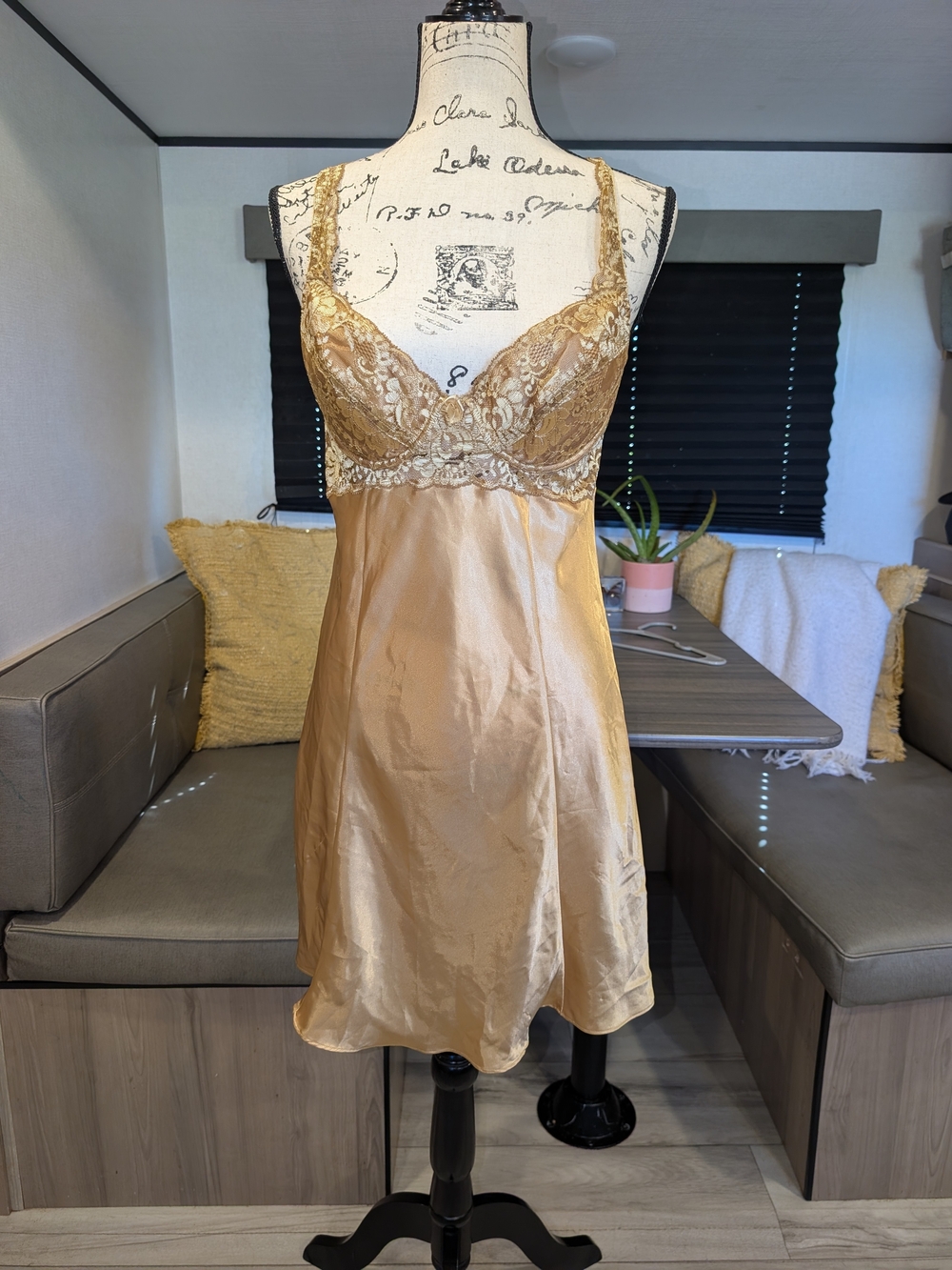Vintage Victoria Secret Gold Lace Trim Satin Chemise - Women Intimates